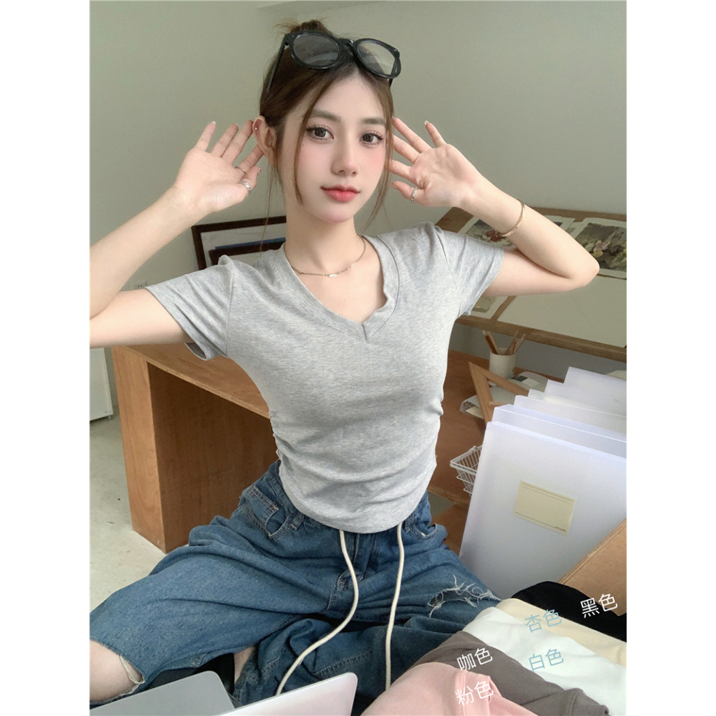 Áo Thun Tay Ngắn Cổ Chữ V Màu Trơn Phong Cách Hàn Quốc Dành Cho Nữ