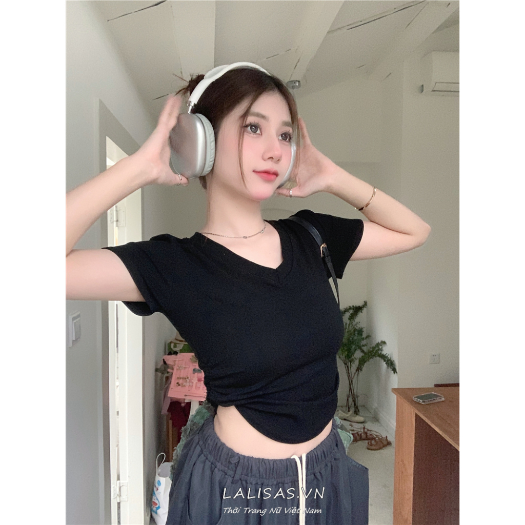 Áo Thun Tay Ngắn Cổ Chữ V Màu Trơn Phong Cách Hàn Quốc Dành Cho Nữ