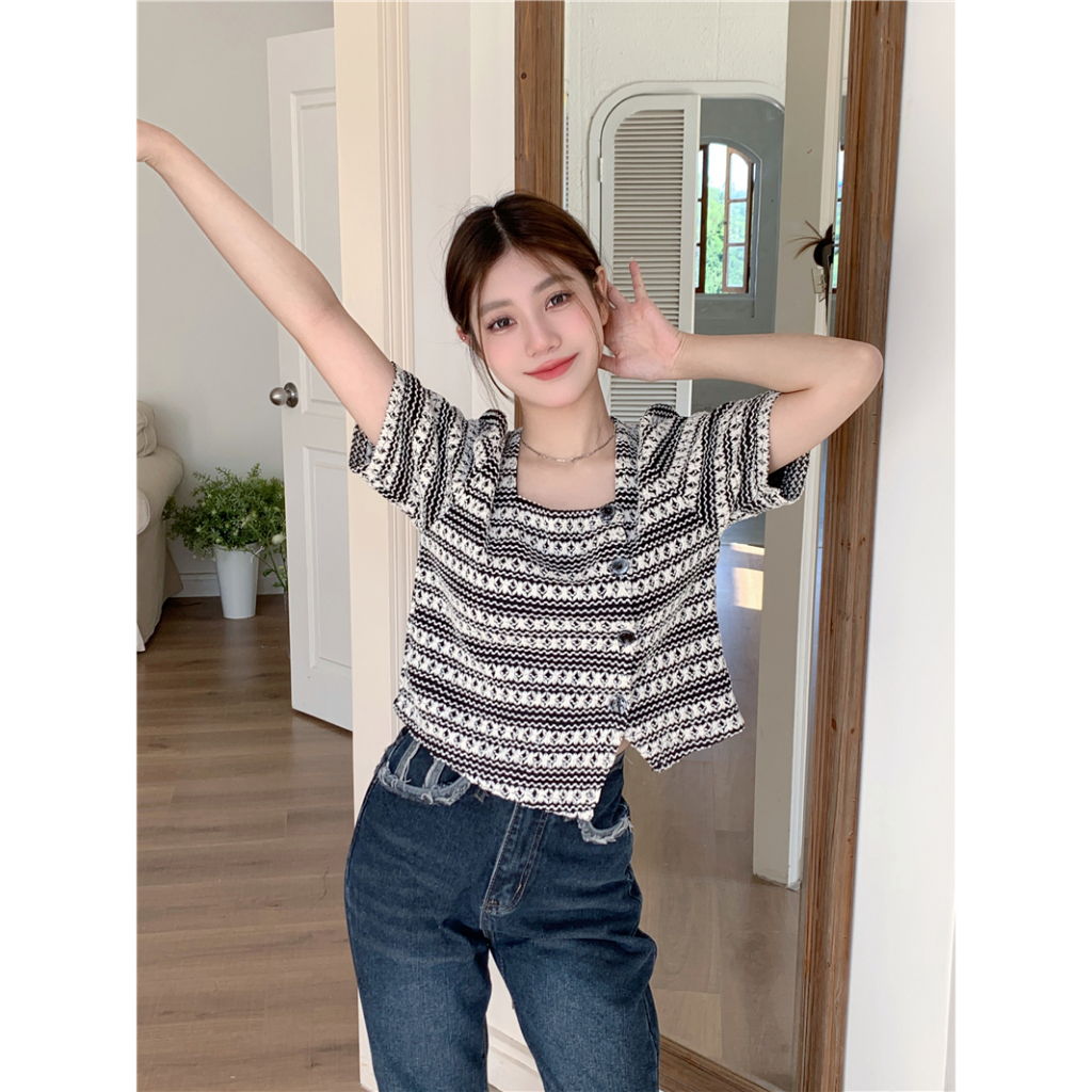 Lalisas Áo Sơ Mi Ngắn Rộng Một Hàng Nút Thiết Kế Không Đều Phong Cách Hàn Quốc Cho Nữ