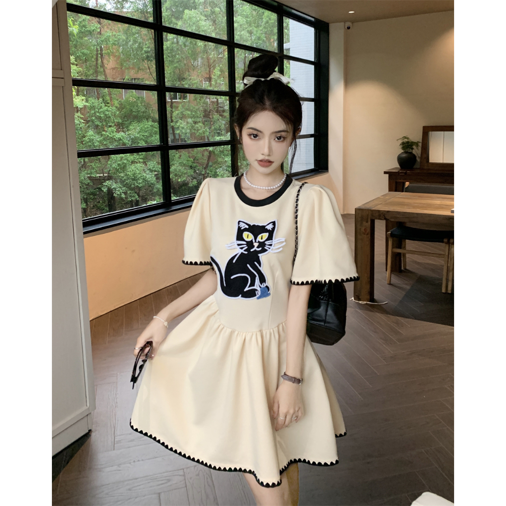 Đầm Ngắn Dáng Chữ A Ngắn Cổ Tròn Chiết Eo Hình Mèo Kitty Phong Cách Hàn Quốc Dễ Thương Cho Nữ