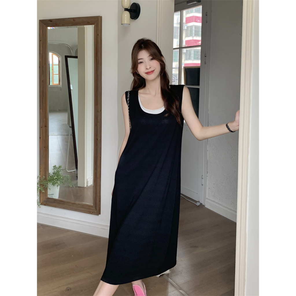 Lalisas Đầm Midi Hai Mảnh Ghép Nối Dáng Rộng Dài Vừa Vặn Không Tay Màu Đen Phong Cách Hàn Quốc Cho Nữ