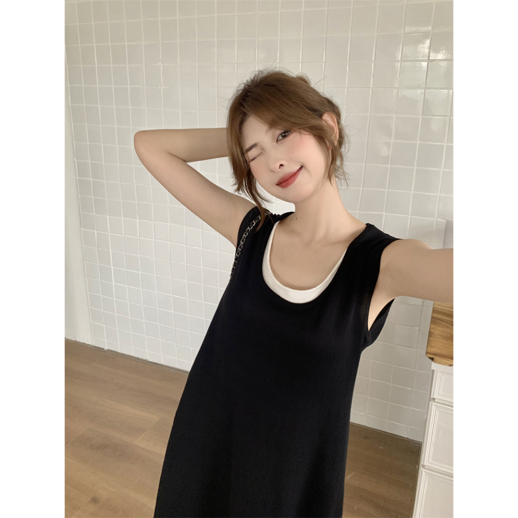 Lalisas Đầm Midi Hai Mảnh Ghép Nối Dáng Rộng Dài Vừa Vặn Không Tay Màu Đen Phong Cách Hàn Quốc Cho Nữ