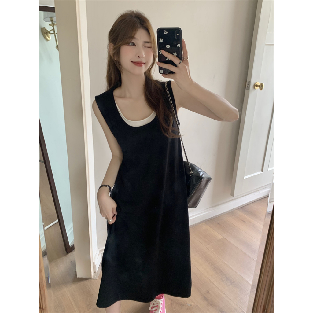 Lalisas Đầm Midi Hai Mảnh Ghép Nối Dáng Rộng Dài Vừa Vặn Không Tay Màu Đen Phong Cách Hàn Quốc Cho Nữ
