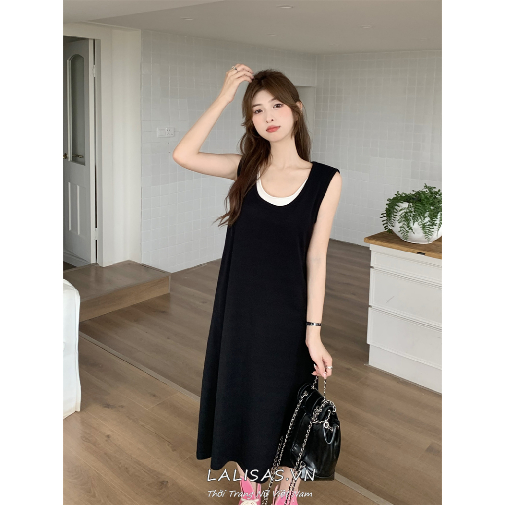 Lalisas Đầm Midi Hai Mảnh Ghép Nối Dáng Rộng Dài Vừa Vặn Không Tay Màu Đen Phong Cách Hàn Quốc Cho Nữ