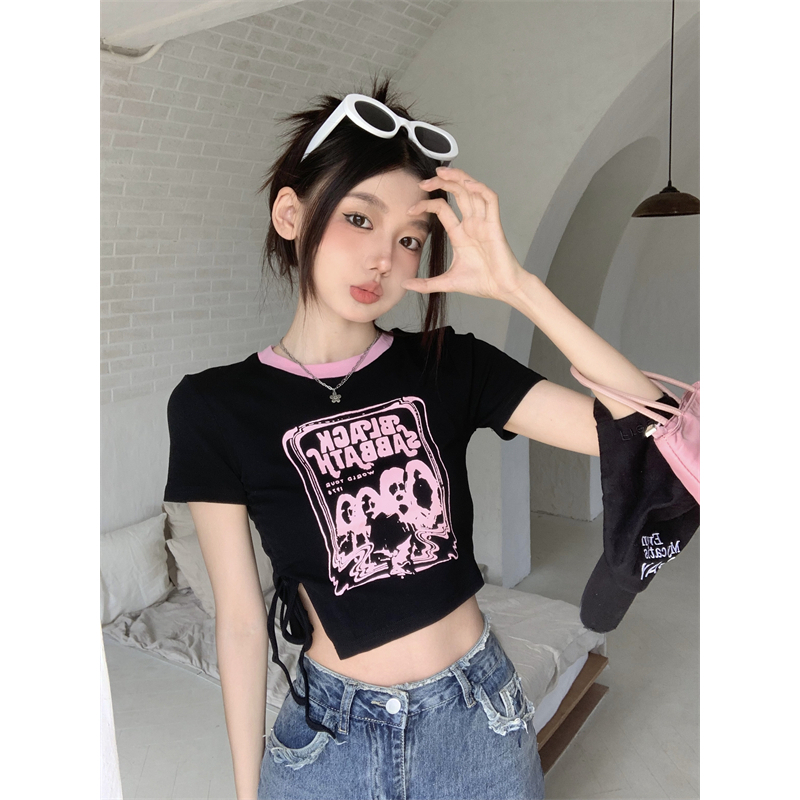 Lalisas Áo Croptop Dây Rút Ngắn Tay In Họa Tiết Thiết Kế Xẻ Tà Ôm Dáng Cho Nữ