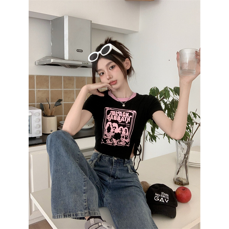 Lalisas Áo Croptop Dây Rút Ngắn Tay In Họa Tiết Thiết Kế Xẻ Tà Ôm Dáng Cho Nữ