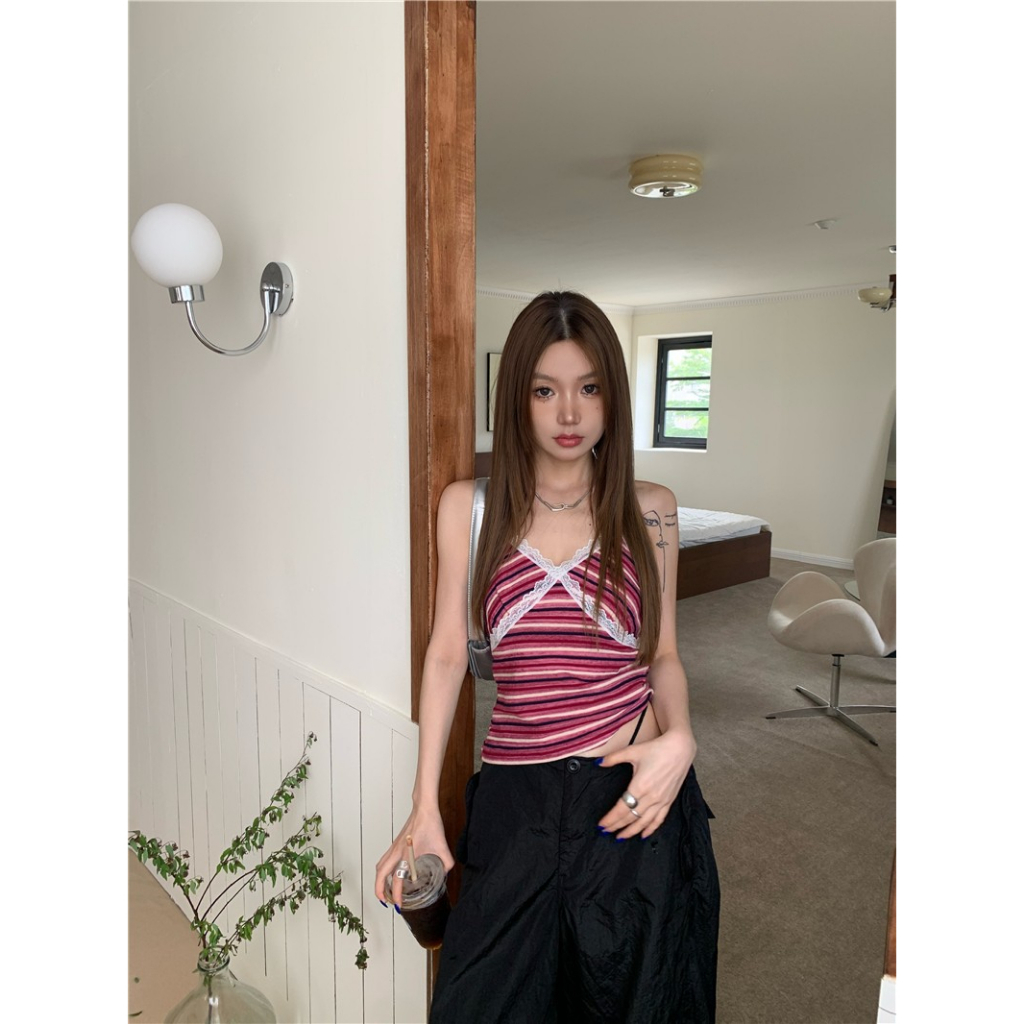 Áo Hai Dây Ôm Dáng Họa Tiết Kẻ Sọc Đơn Giản Phong Cách Hàn Quốc Thời Trang Mùa Hè 2023 Mới