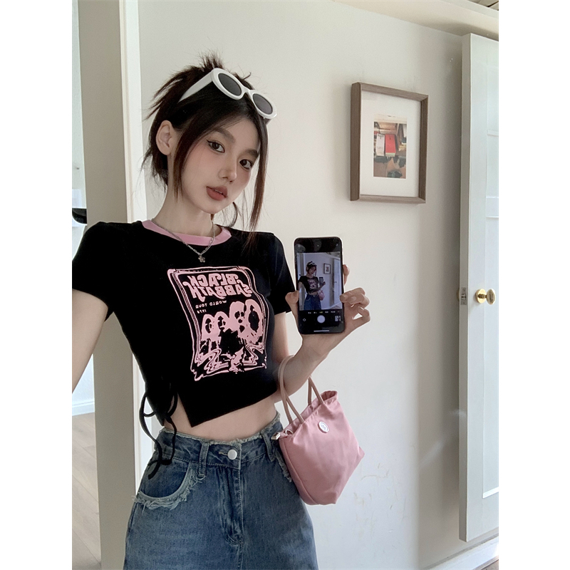 Lalisas Áo Croptop Dây Rút Ngắn Tay In Họa Tiết Thiết Kế Xẻ Tà Ôm Dáng Cho Nữ