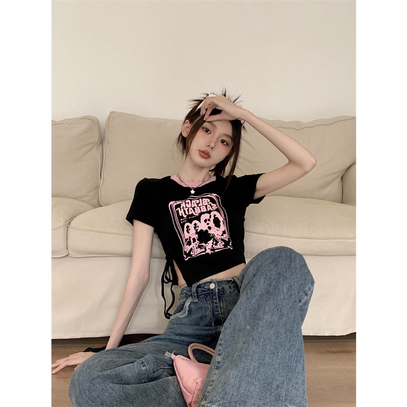 Lalisas Áo Croptop Dây Rút Ngắn Tay In Họa Tiết Thiết Kế Xẻ Tà Ôm Dáng Cho Nữ