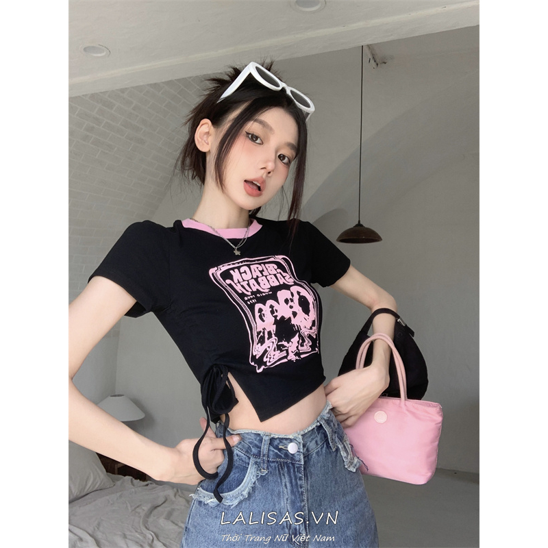 Lalisas Áo Croptop Dây Rút Ngắn Tay In Họa Tiết Thiết Kế Xẻ Tà Ôm Dáng Cho Nữ