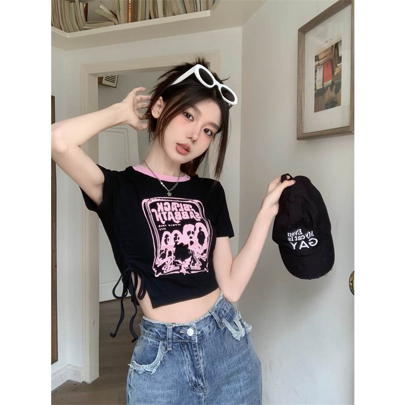 Lalisas Áo Croptop Dây Rút Ngắn Tay In Họa Tiết Thiết Kế Xẻ Tà Ôm Dáng Cho Nữ