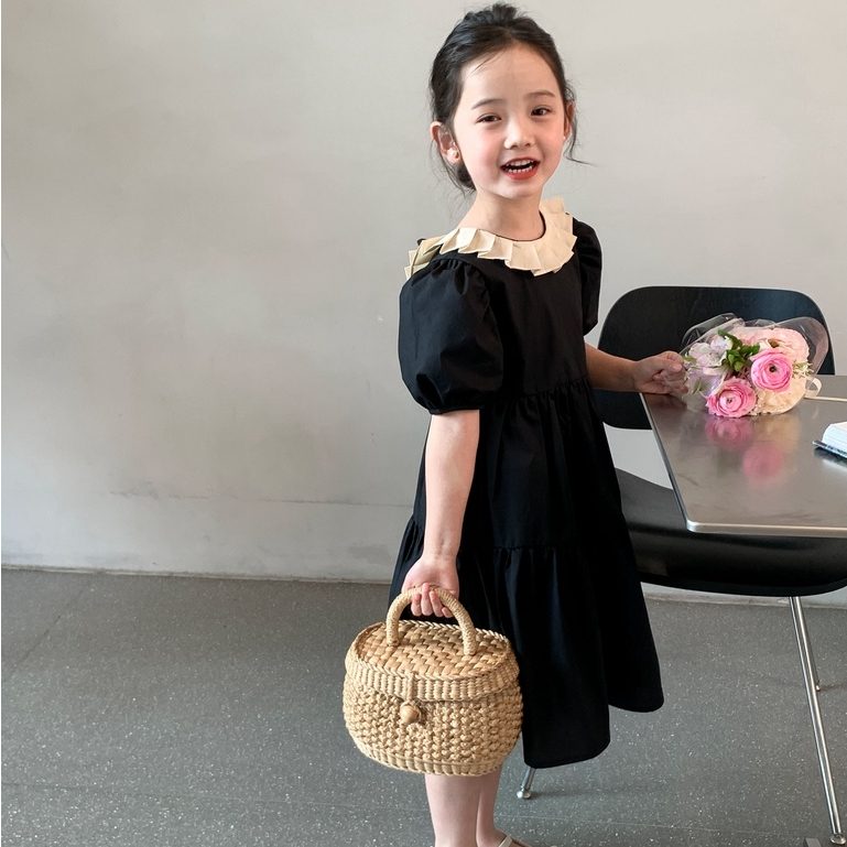 Đầm Công Chúa Tay Phồng Xếp Ly Phong Cách Phương Tây Màu Đen Thời Trang Mùa Hè Cho Bé Gái
