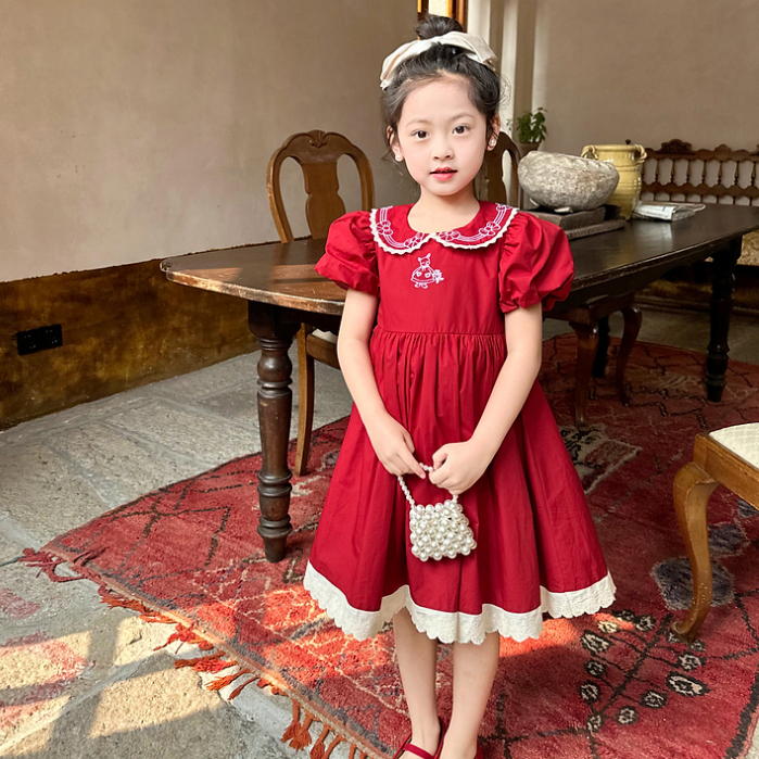 Đầm Công Chúa Tay Phồng Thêu Họa Tiết Thời Trang Mùa Hè Xinh Xắn Cho Bé Gái