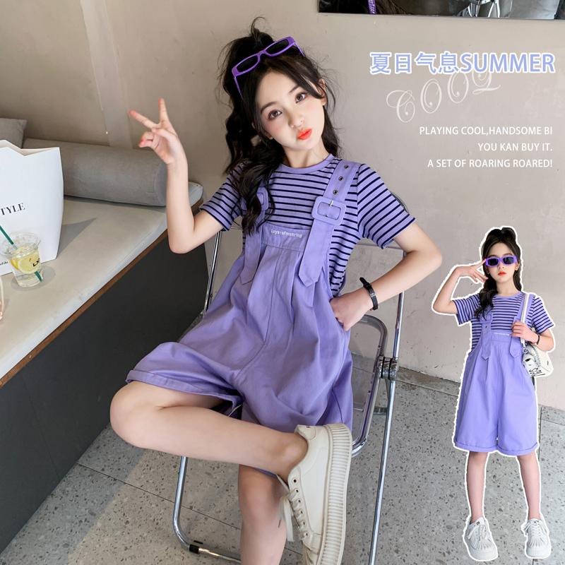 Bộ Áo Thun Tay Ngắn + Quần Yếm Kẻ Sọc Phong Cách Phương Tây Thời Trang Mùa Hè Cho Bé Gái 3-14 Tuổi