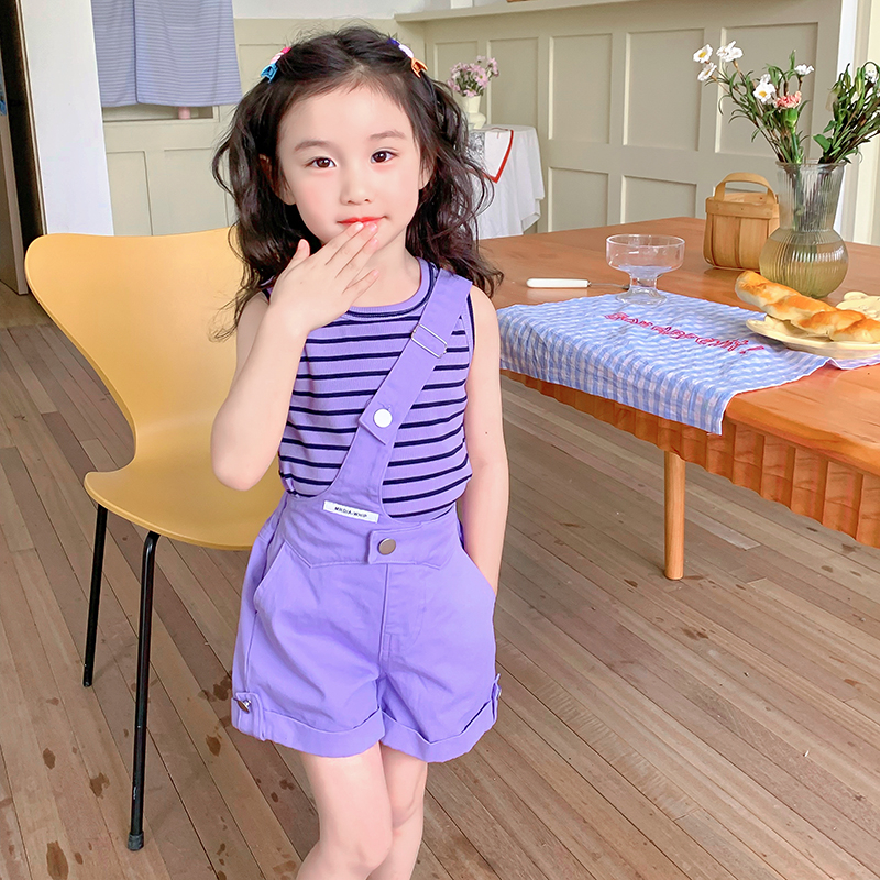 Bộ Áo Thun Không Tay + Quần Yếm Denim Thời Trang Mùa Hè Hàn Quốc Cho Bé Gái 3-14 Tuổi