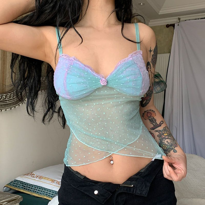Áo Sát Nách Phối Ren Hoa Hồng Tím Thời Trang Mùa Hè 2023✨✨Áo Hai Dây Xuyên Thấu Gợi Cảm Cho Nữ