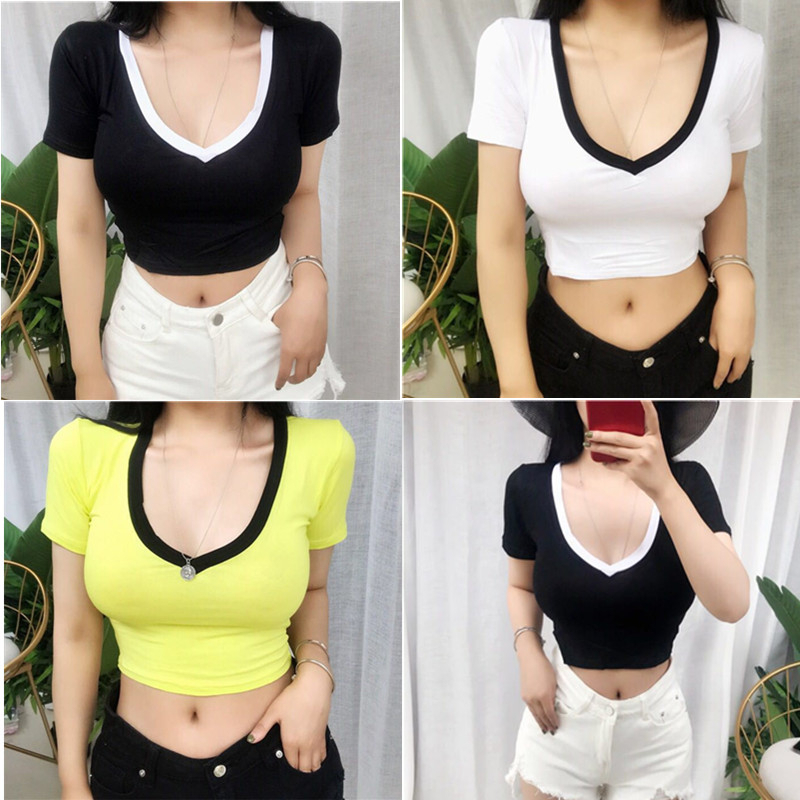 WANGJIAOZHAN Áo croptop màu trơn cổ chữ V dáng ôm trẻ trung quyến rũ