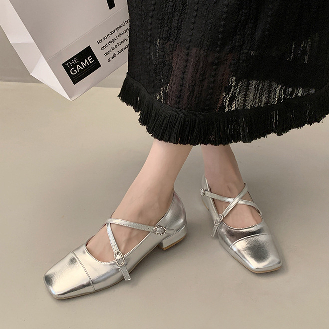 Giày Búp Bê Gót Thấp Mũi Vuông Màu Bạc Phong Cách Pháp Thời Trang Xuân Thu Cho Nữ Phù Hợp