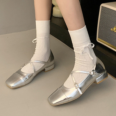 Giày Búp Bê Gót Thấp Mũi Vuông Màu Bạc Phong Cách Pháp Thời Trang Xuân Thu Cho Nữ Phù Hợp