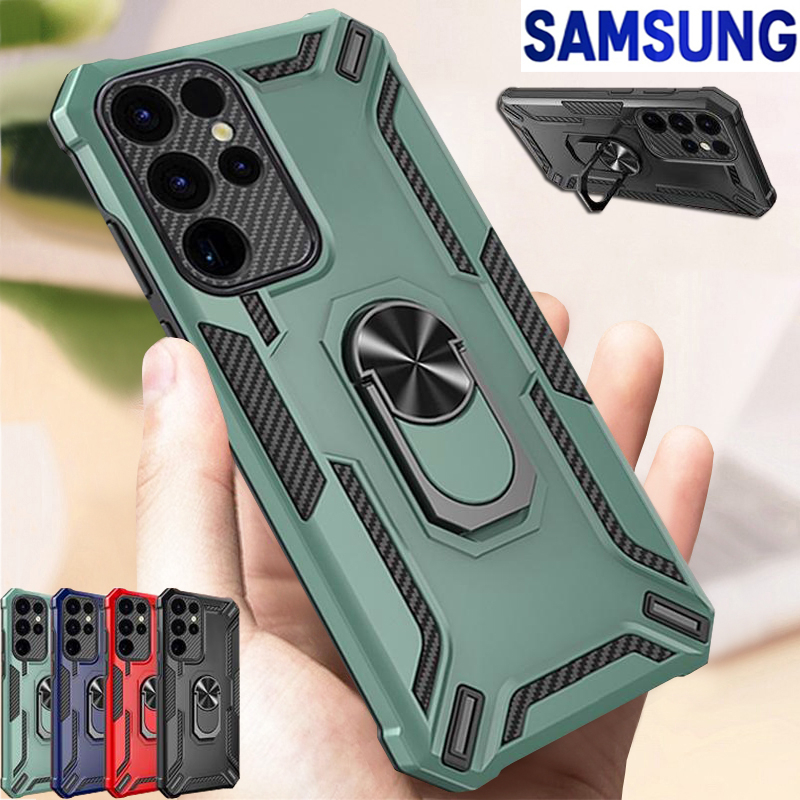 Samsung S23 Ultra S23 Plus S22 Ultra S22 Plus Note 20 Ultra S21 Fe S20 Fe A14 A53 A54 Áo giáp cứng sang trọng và Vỏ điện thoại chống sốc bằng silicon mềm với chân đế vòng kim loại