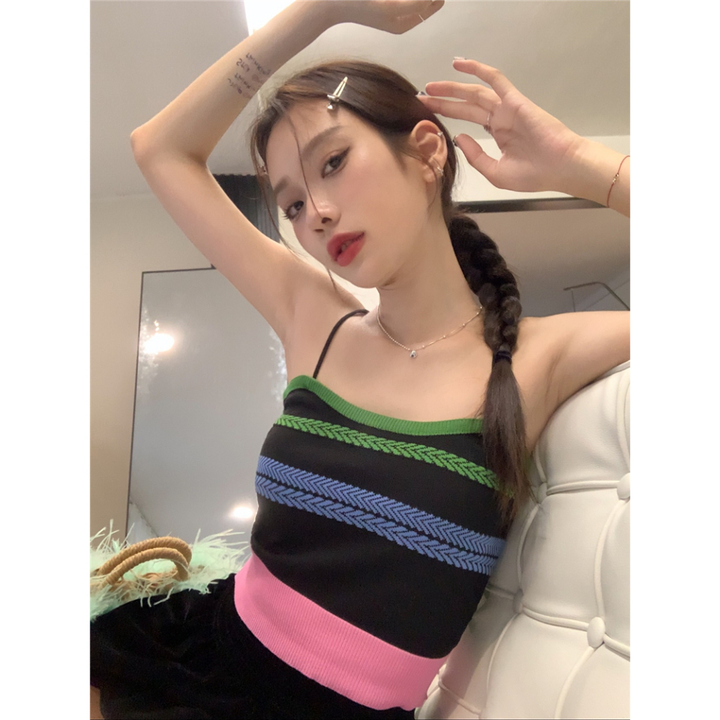 Áo Croptop Hở Lưng Dáng Ôm Họa Tiết Kẻ Sọc Thời Trang Mùa Hè Cho Nữ