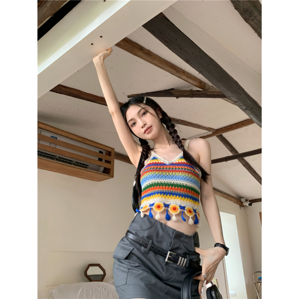 Kumikumi Áo Croptop Dệt Kim Cổ Chữ V Hoạ Tiết Kẻ Sọc Nhiều Màu Sắc Thời Trang Mùa Hè Cho Phái Nữ