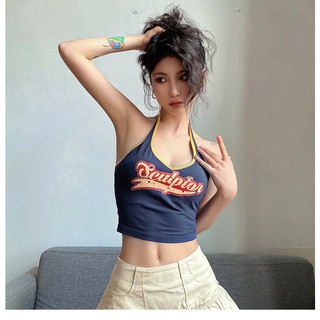 Klalien Áo Croptop Hai Dây Hở Lưng In Chữ Phong Cách Cá Tính Cho Nữ