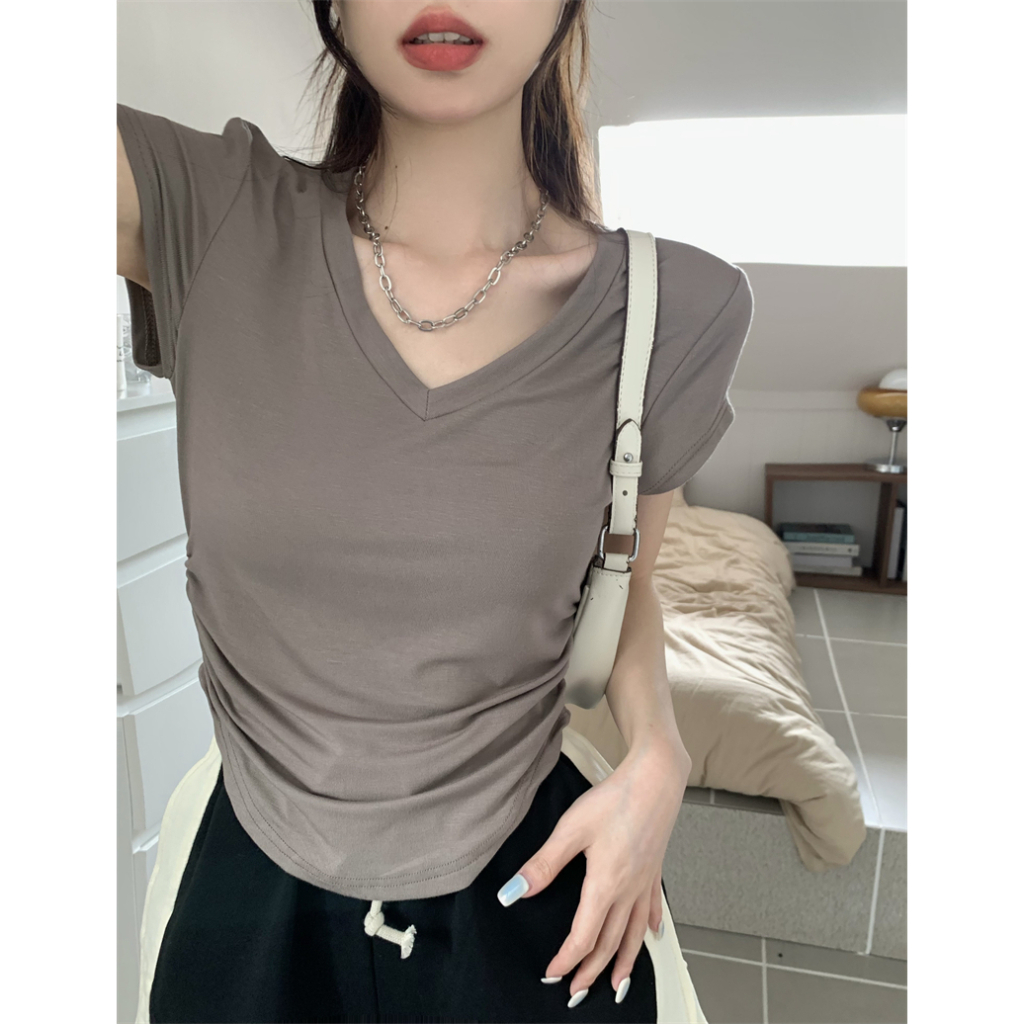 Áo Thun Tay Ngắn Cổ Chữ V Thiết Kế Không Đồng Đều Mùa Hè Mới Cho Nữ