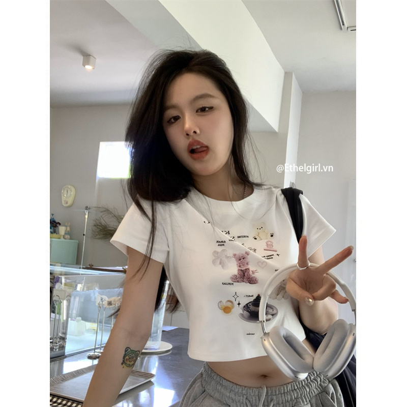 Ethelgirl Áo Thun Tay Ngắn In Họa Tiết Hoạt Hình 3 Màu Phong Cách Hàn Quốc Thời Trang Cho Nữ