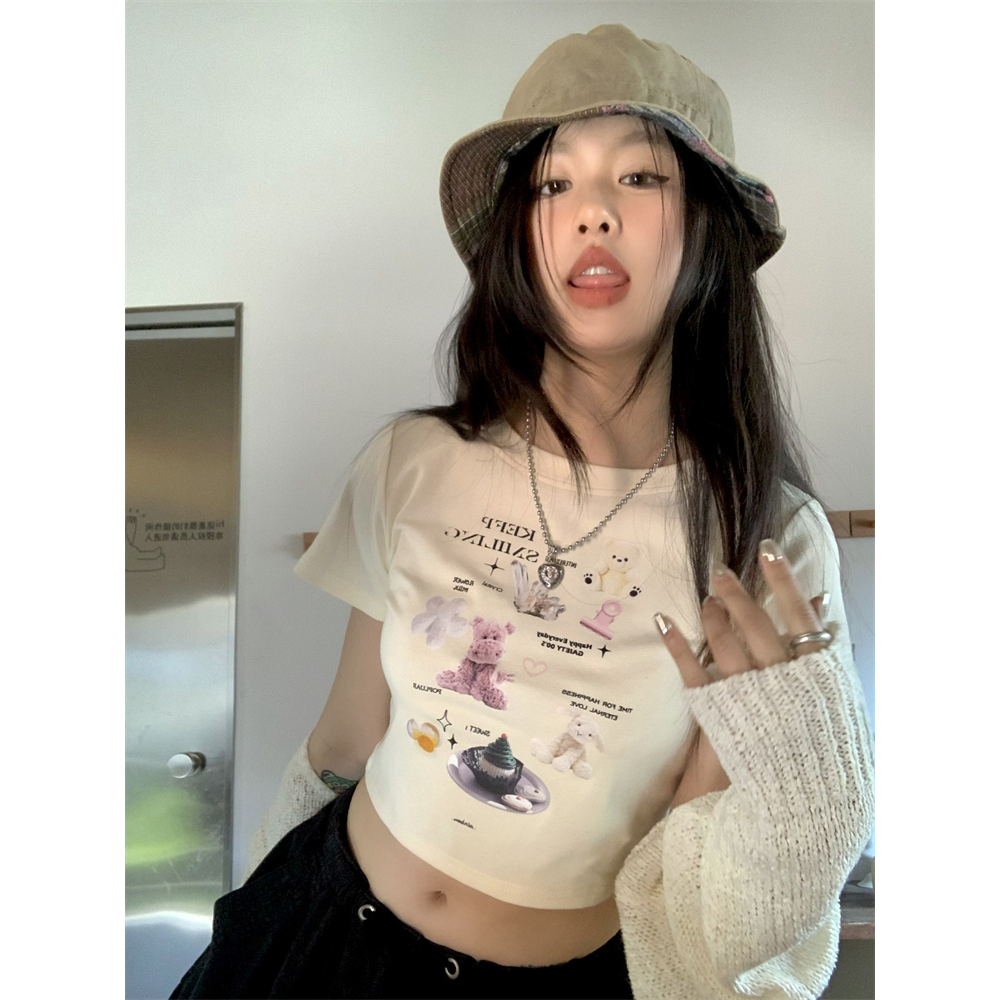 Ethelgirl Áo Thun Tay Ngắn In Họa Tiết Hoạt Hình 3 Màu Phong Cách Hàn Quốc Thời Trang Cho Nữ