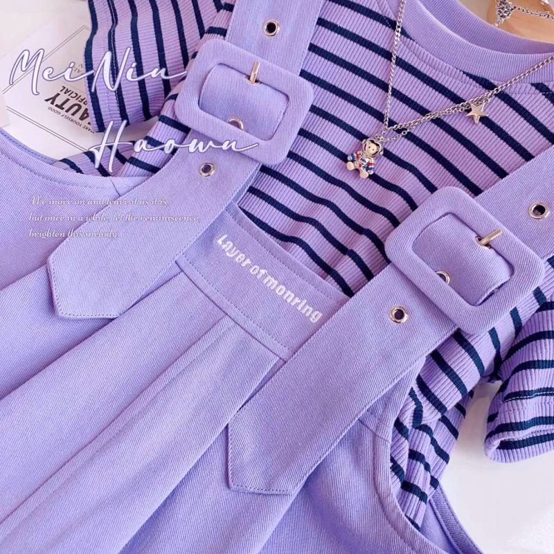 Set Áo Váy Kẻ Sọc Mùa Hè Cho Bé Gái 3-14 Tuổi