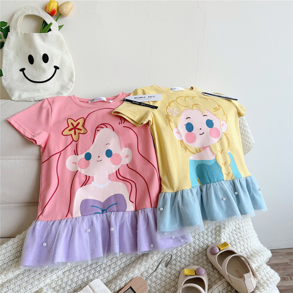 Đầm Công Chúa Elsa Tay Ngắn Phối Ren Thời Trang Mùa Hè Cho Bé Gái
