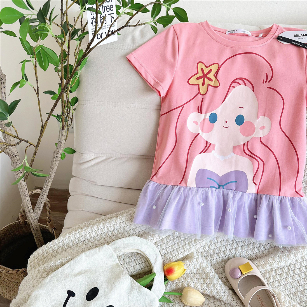 Đầm Công Chúa Elsa Tay Ngắn Phối Ren Thời Trang Mùa Hè Cho Bé Gái