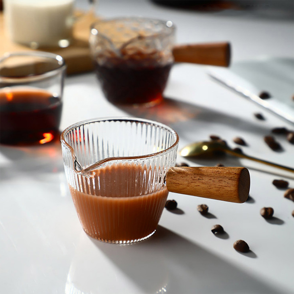 Shamjina Cốc thủy tinh mini chịu nhiệt có tay cầm bằng gỗ có vân sọc cho pha chế espresso/ sữa đơn giản