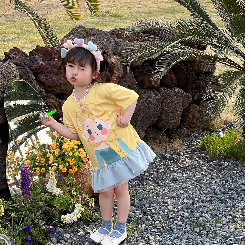 Đầm Công Chúa Elsa Tay Ngắn Phối Ren Thời Trang Mùa Hè Cho Bé Gái