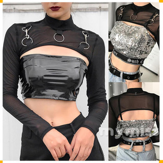 ♛♚♛Áo lưới gợi cảm cho nữ, áo Crop top dài tay cổ chữ O xuyên thấu