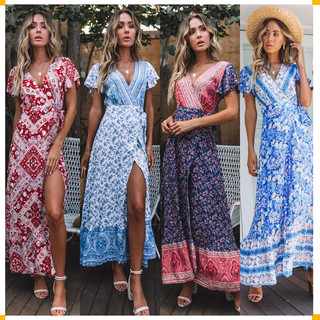 Đầm hoa hai dây cổ V nhún bèo phong cách boho thời trang cho nữ