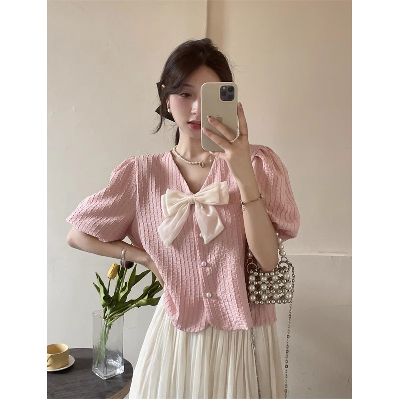 Áo Sơ Mi Tay Ngắn Phồng Cổ Chữ V Thời Trang Mùa Hè Phong Cách Hàn Quốc Cho Nữ
