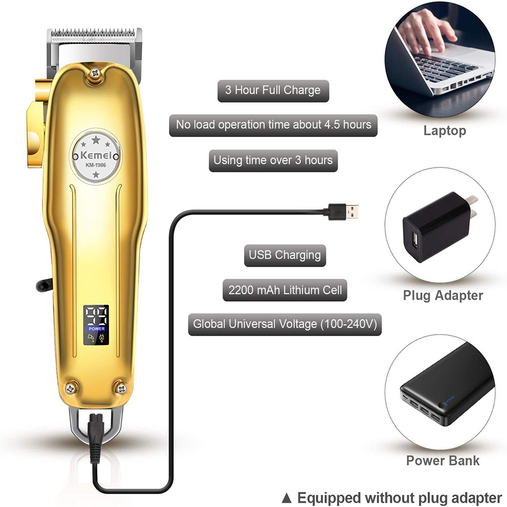 Tông Đơ Cắt Tóc Chuyên Nghiệp Kemei 1986 Màn Hình Lcd Sạc USB Không Dây Cho Nam