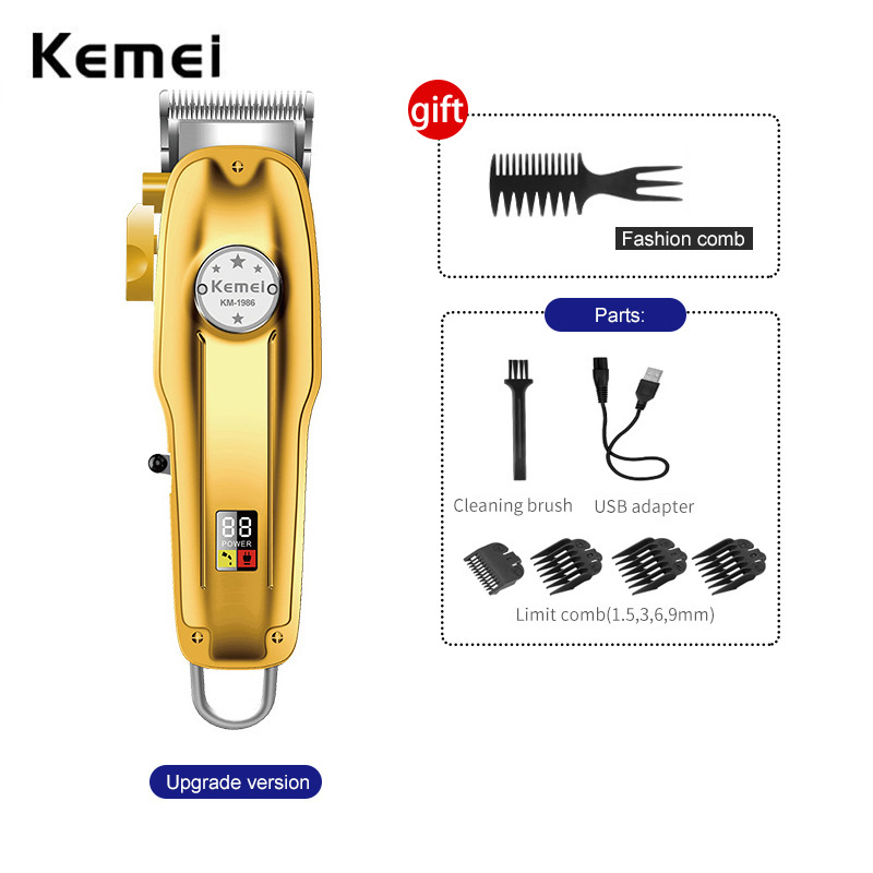 Tông Đơ Cắt Tóc Chuyên Nghiệp Kemei 1986 Màn Hình Lcd Sạc USB Không Dây Cho Nam