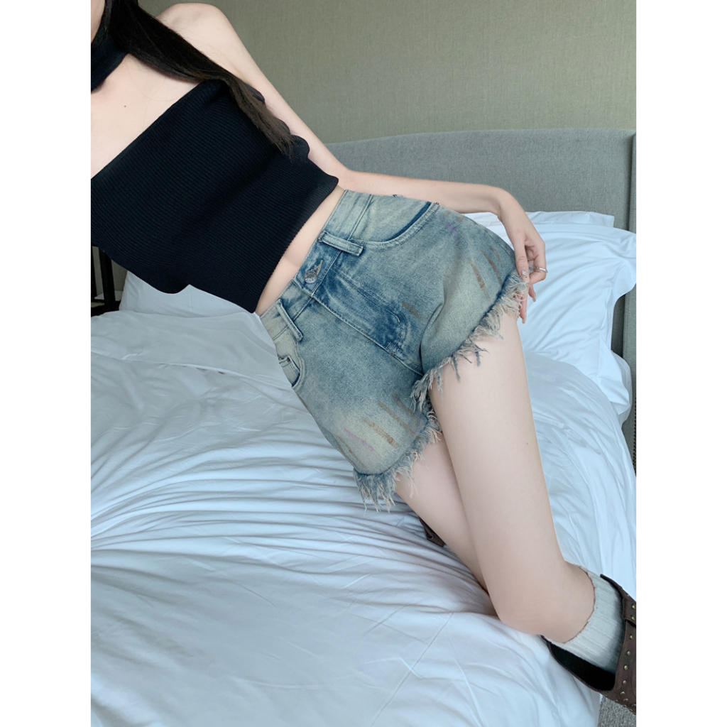 Lalisas Quần Short denim Lưng Cao Phong Cách retro Mỹ Cho Nữ