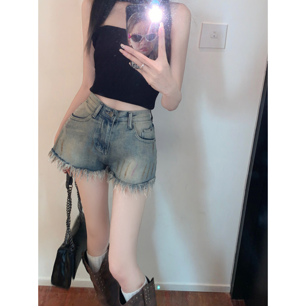 Lalisas Quần Short denim Lưng Cao Phong Cách retro Mỹ Cho Nữ