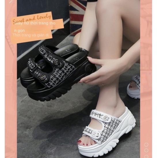 Dép Lê Nữ 7CM Độn Đế 2 Quai Ngang Đế Bánh Mì 2 Màu Trắng Và Đen Siêu Hót AA6278