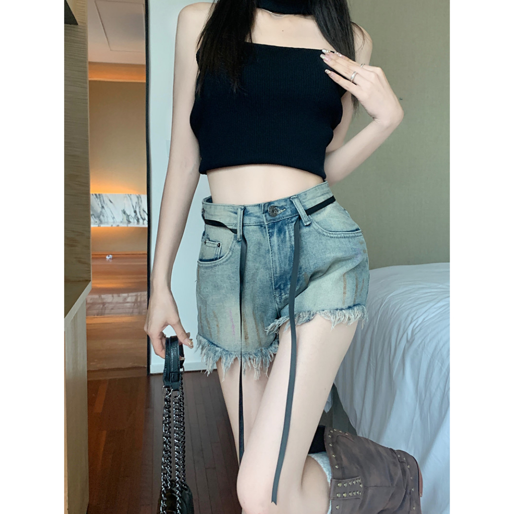 Lalisas Quần Short denim Lưng Cao Phong Cách retro Mỹ Cho Nữ