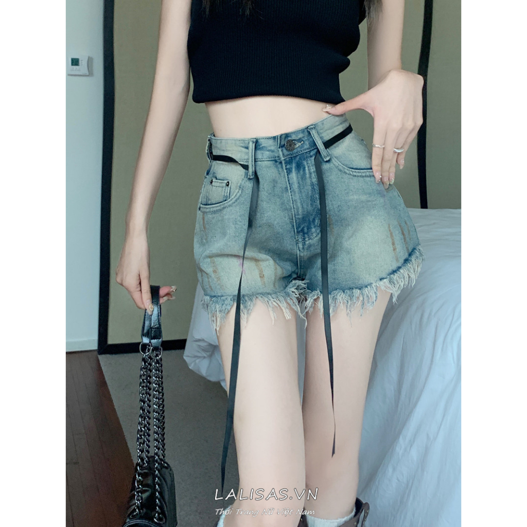 Lalisas Quần Short denim Lưng Cao Phong Cách retro Mỹ Cho Nữ