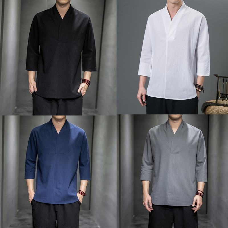 Áo Thun Tay Lỡ 3 / 4 Vải Cotton Lanh Kiểu Retro Trung Hoa Cá Tính Cho Nam
