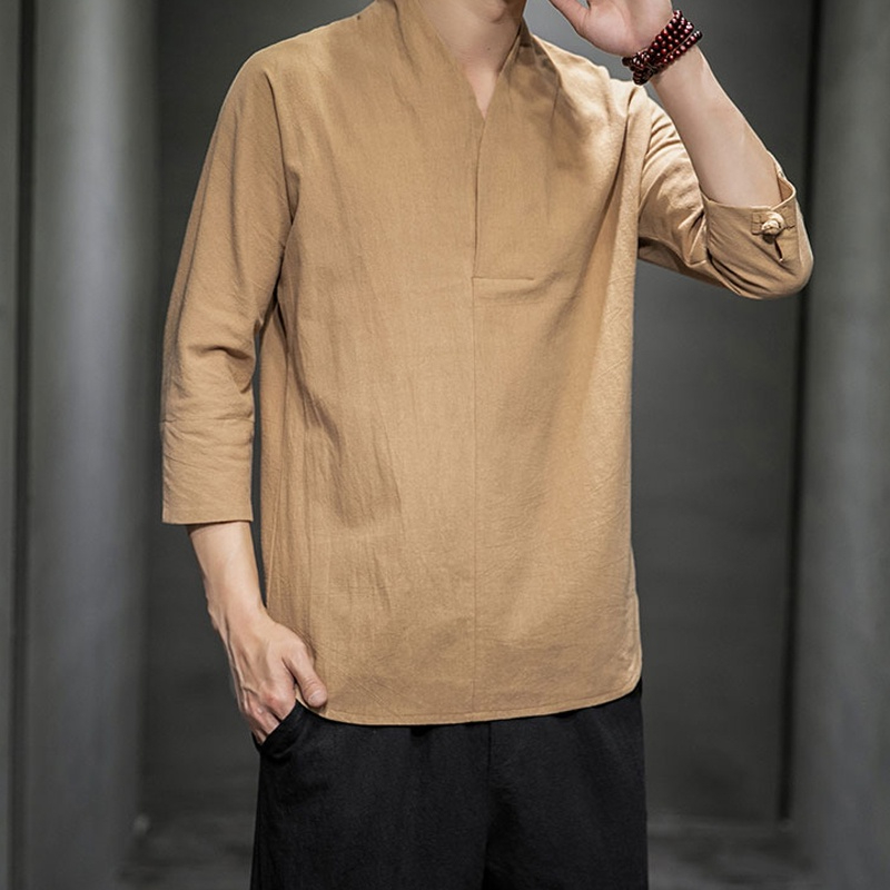 Áo Thun Tay Lỡ 3 / 4 Vải Cotton Lanh Kiểu Retro Trung Hoa Cá Tính Cho Nam