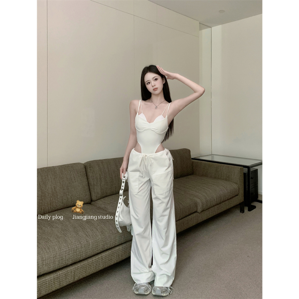 【COLORBLLIND】Áo Hai Dây Ôm Dáng Màu Trắng Phong Cách Mỹ Cho Nữ