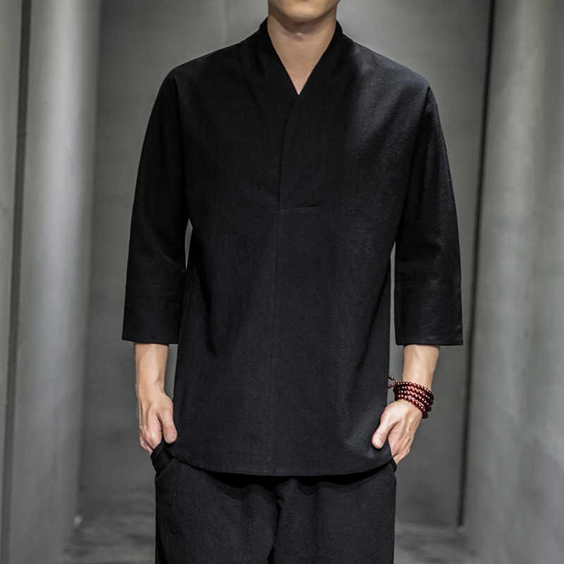 Áo Thun Tay Lỡ 3 / 4 Vải Cotton Lanh Kiểu Retro Trung Hoa Cá Tính Cho Nam
