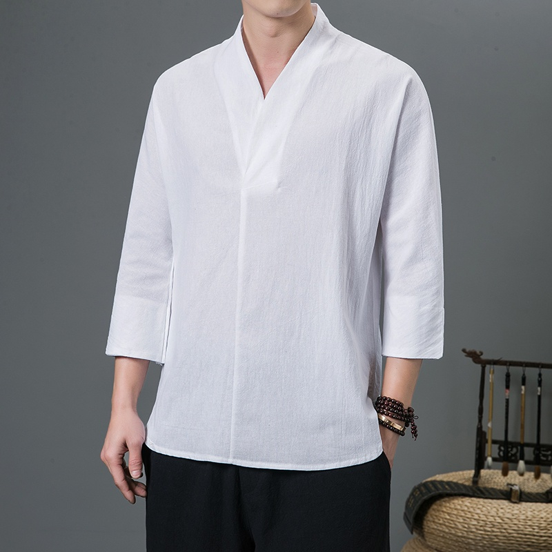 Áo Thun Tay Lỡ 3 / 4 Vải Cotton Lanh Kiểu Retro Trung Hoa Cá Tính Cho Nam